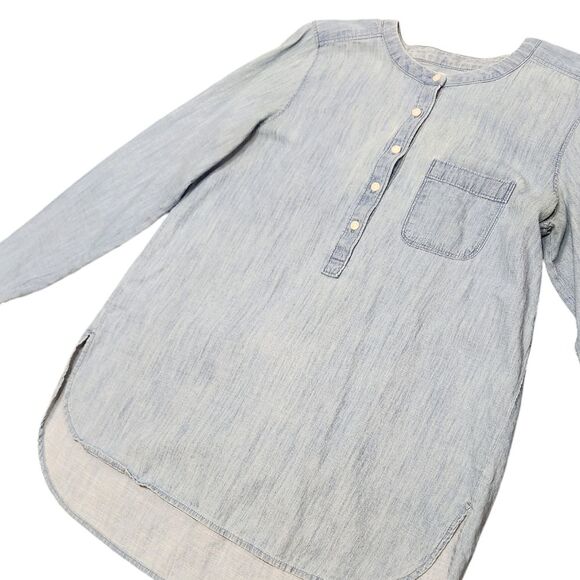 LOFT Denim Shirt Burnout Cotton Grunge Long Sleeve Western Preppy Blue‎ Boho S - Picture 2 of 11